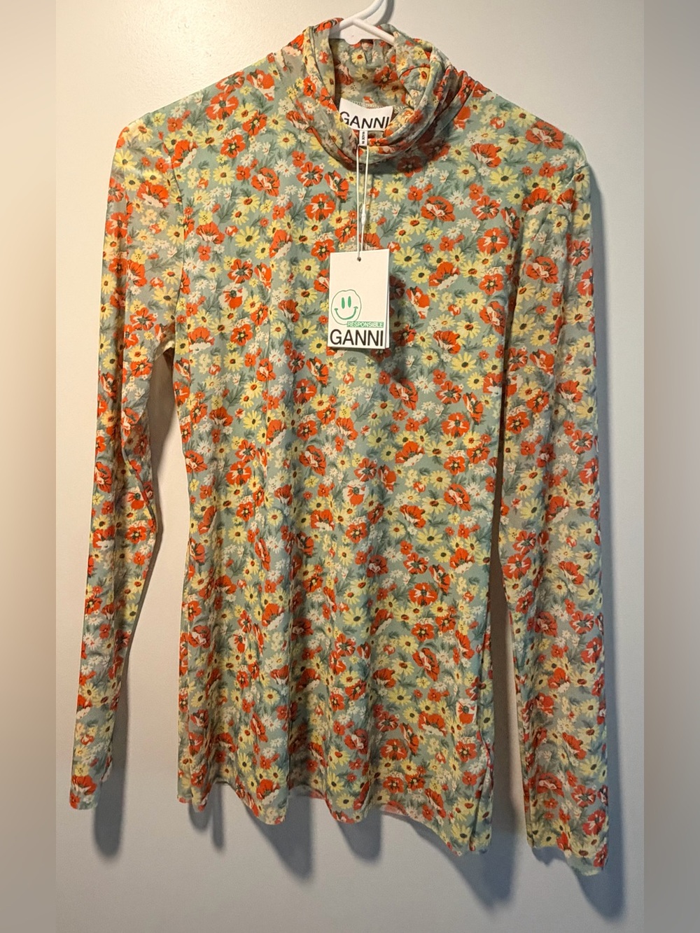 Ganni Floral Mock Neck Long-Sleeve Top in Mint, Orange and Yellow